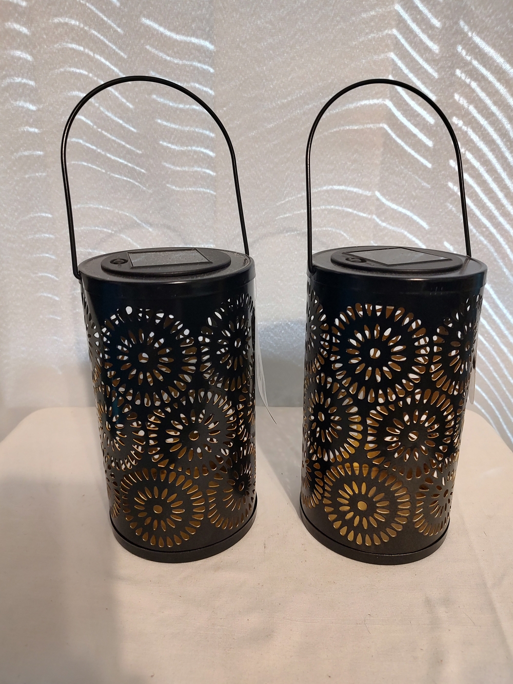 Source Unknown Black Metal Solar Lanterns with Floral Cutouts - Pair